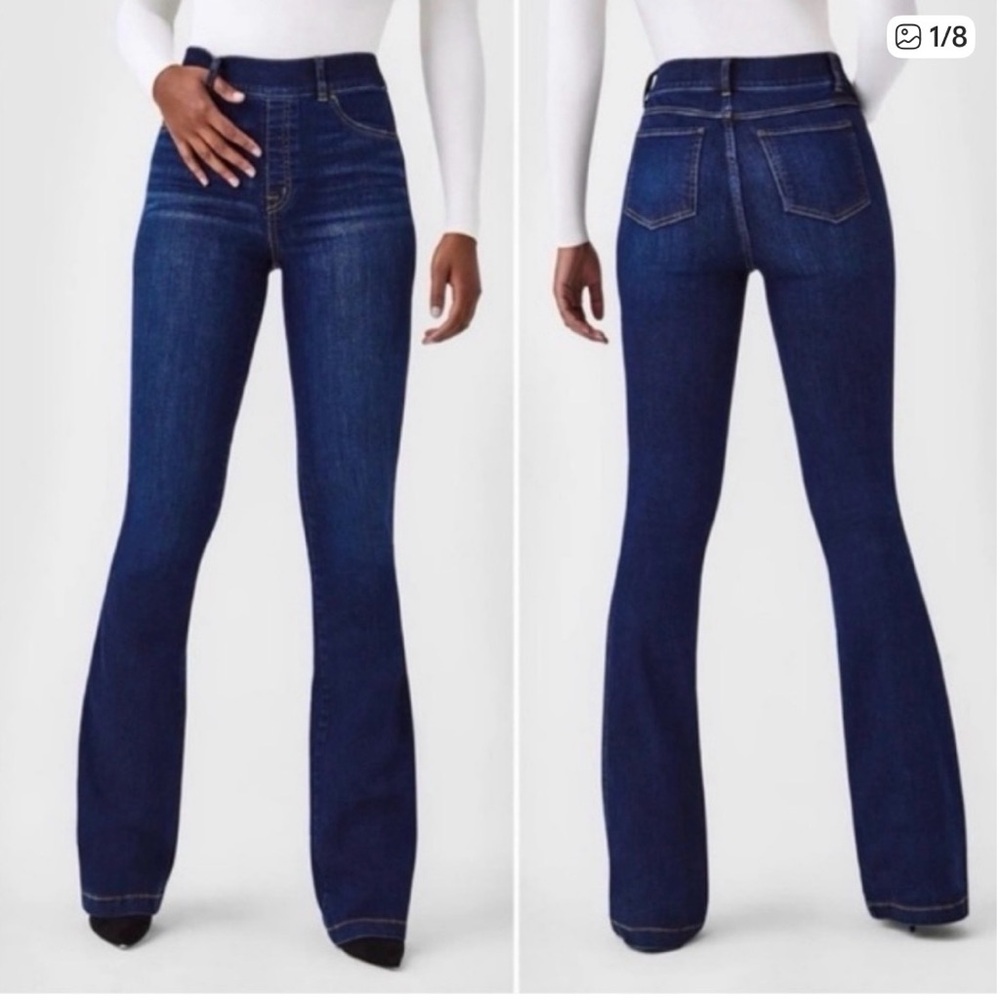 Spanx '70s High Rise Pull-On Stretch Wide Flared Jeans Dark Washed Denim Large